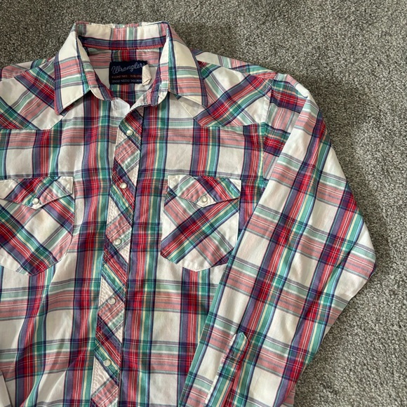 Vintage wrangler shirt mens medium red blue pearl snap  western rodeo cowboy 90s - Picture 2 of 14